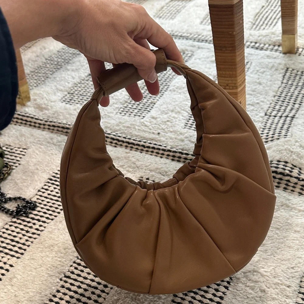 STAUD Tan Ruched Leather Hobo Bag